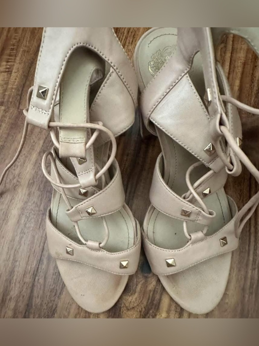 Vince Camuto Nude/Taupe Studded Lace-Up Heeled Sandals